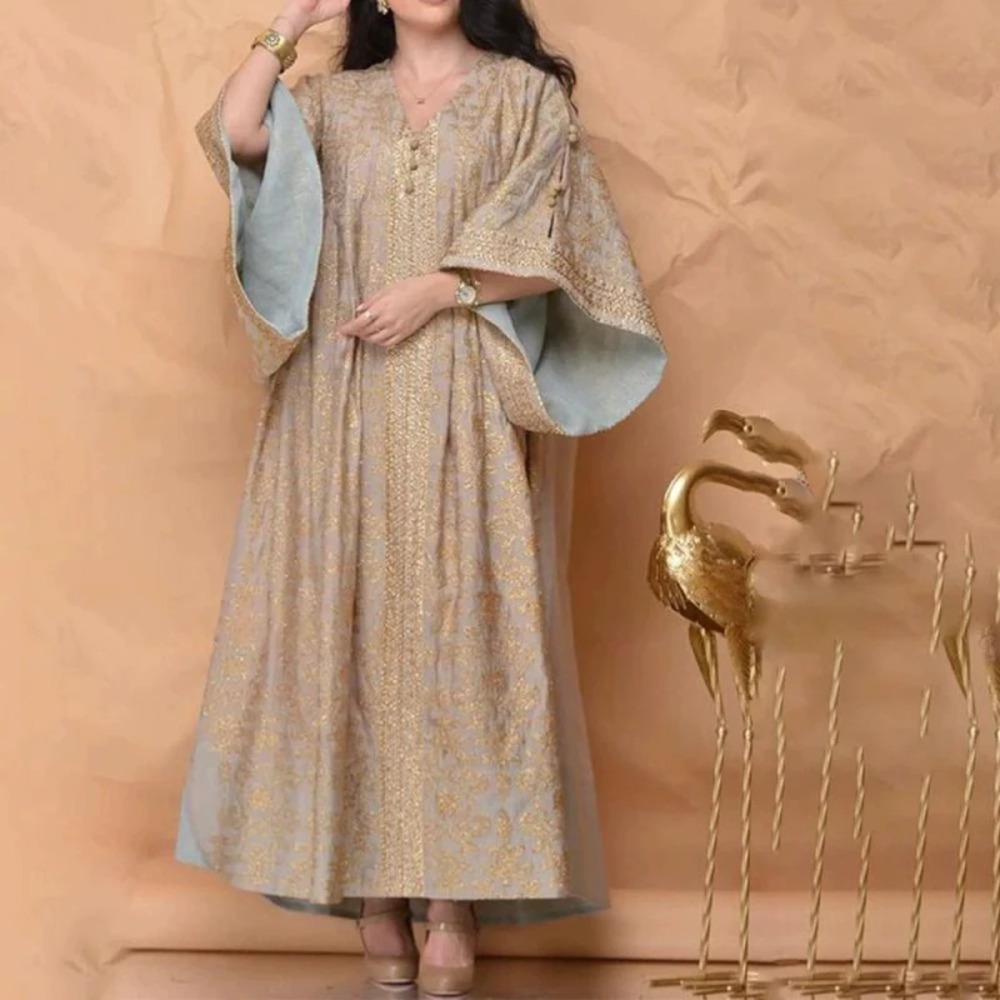 Spring Summer Loose Bell Sleeve Dress with Gold Embroidered Collar